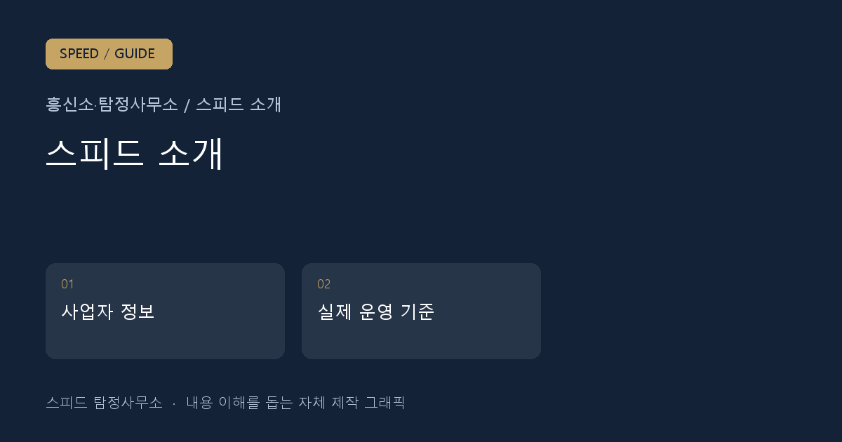흥신소·탐정사무소 스피드, 실제 운영 안내 주요 항목을 정리한 자체 제작 안내 그래픽