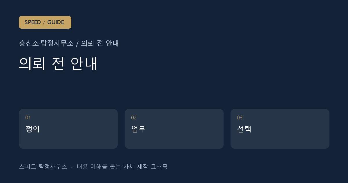 흥신소·탐정사무소 의뢰 전 안내 주요 항목을 정리한 자체 제작 안내 그래픽
