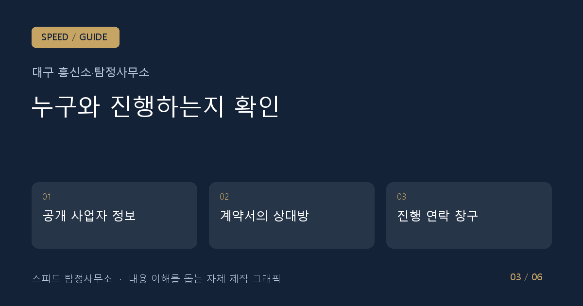 누구와 진행하는지 확인: 공개 사업자 정보 → 계약서의 상대방 → 진행 연락 창구