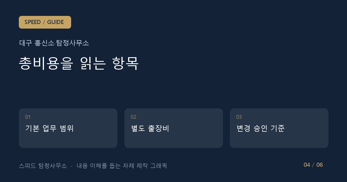 총비용을 읽는 항목: 기본 업무 범위 → 별도 출장비 → 변경 승인 기준