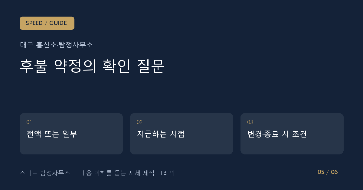 후불 약정의 확인 질문: 전액 또는 일부 → 지급하는 시점 → 변경·종료 시 조건