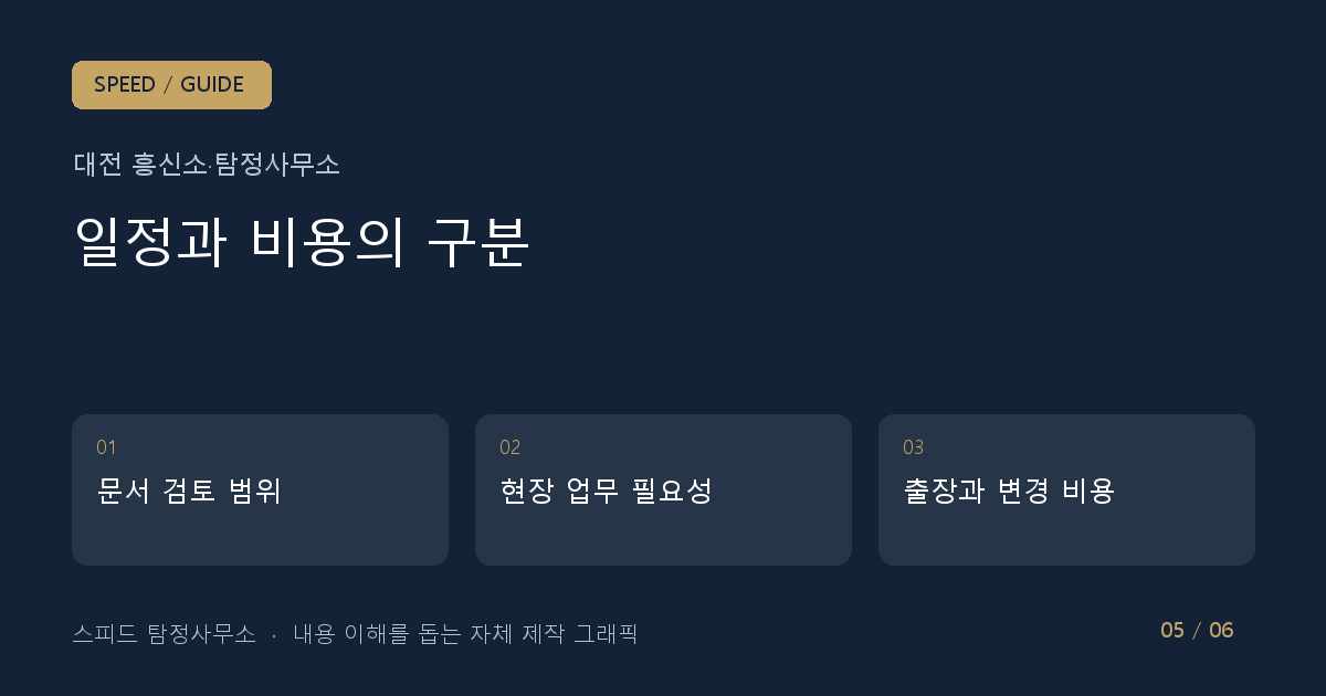 일정과 비용의 구분: 문서 검토 범위 → 현장 업무 필요성 → 출장과 변경 비용