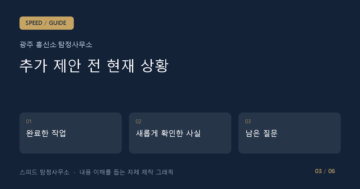 추가 제안 전 현재 상황: 완료한 작업 → 새롭게 확인한 사실 → 남은 질문