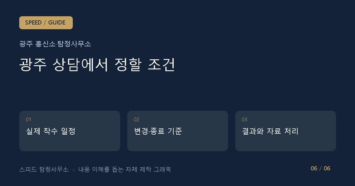 광주 상담에서 정할 조건: 실제 착수 일정 → 변경·종료 기준 → 결과와 자료 처리