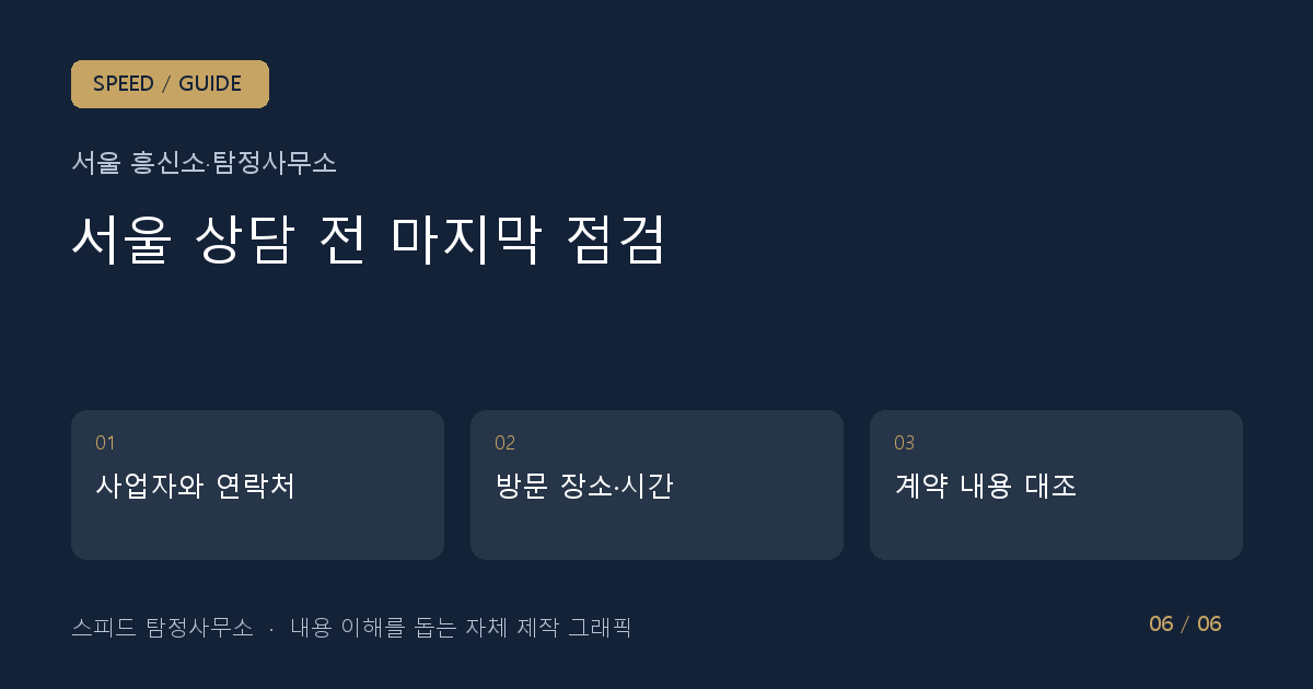 서울 상담 전 마지막 점검: 사업자와 연락처 → 방문 장소·시간 → 계약 내용 대조
