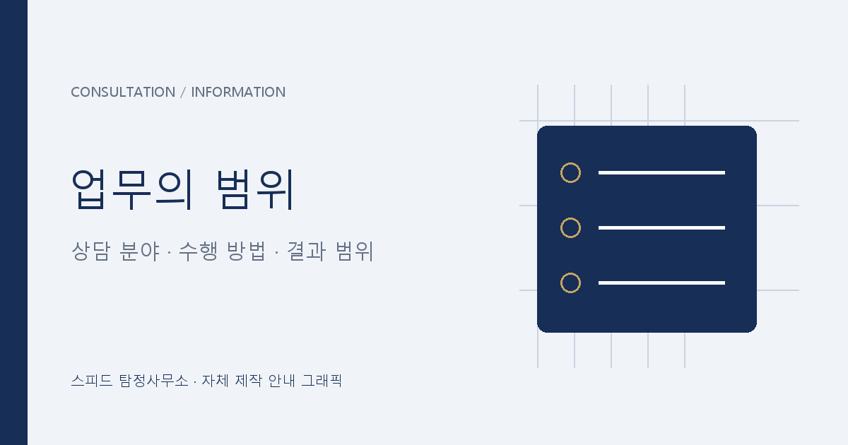 흥신소·탐정사무소의 상담 분야와 수행 범위를 설명하는 자체 제작 안내 그래픽