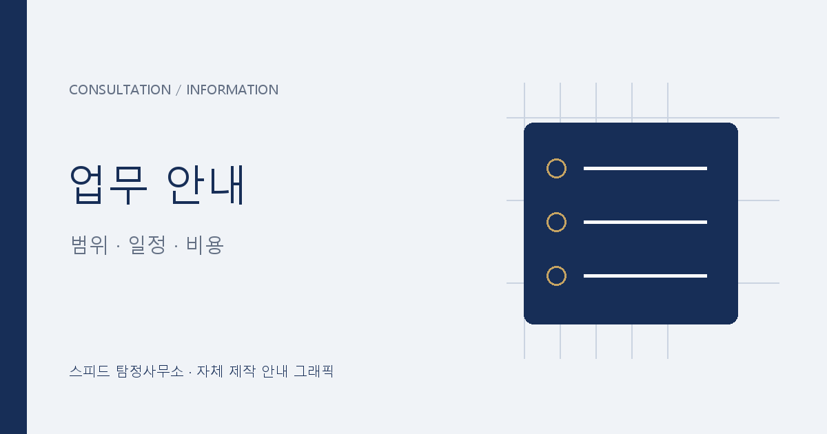 업무 범위·일정·비용 확인을 표현한 자체 제작 그래픽