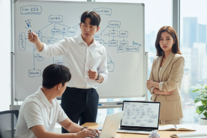 화이트보드 앞에서 자료를 설명하고 듣는 사람들을 표현한 업무 소개 이미지