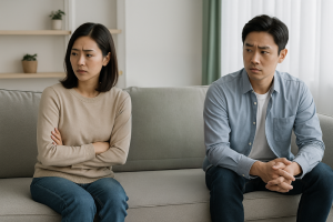 소파에 나란히 앉아 서로 다른 방향을 바라보는 두 사람을 표현한 업무 소개 이미지